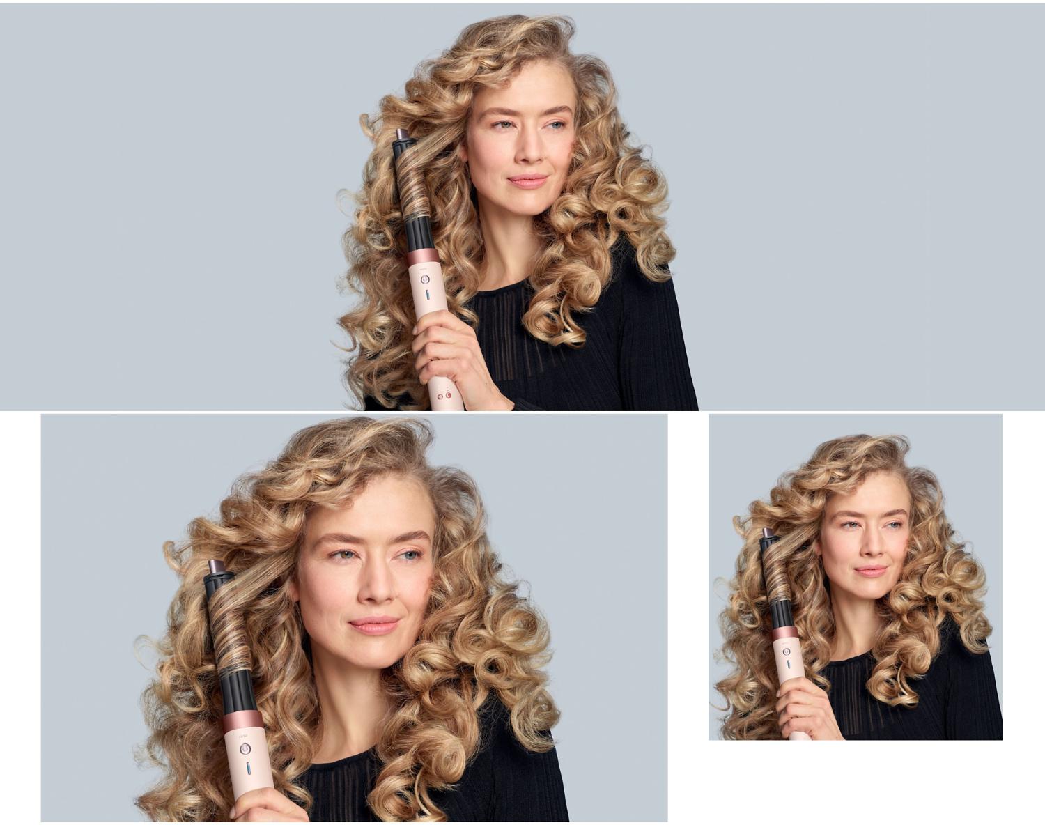 The Dyson Airwrap Co-anda2x multi-styler and dryer with the 30mm Co-anda2x barrel used by a blonde model to curl her hair.