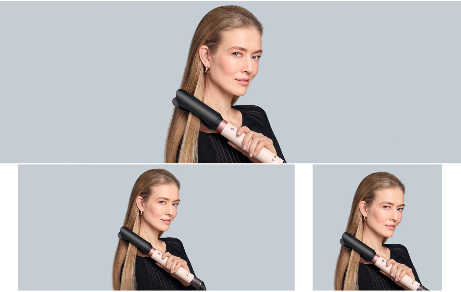 A blonde model straightens her hair using the Dyson Airwrap Co-anda2x multi-styler and dryer and the AirSmooth2x attachment.