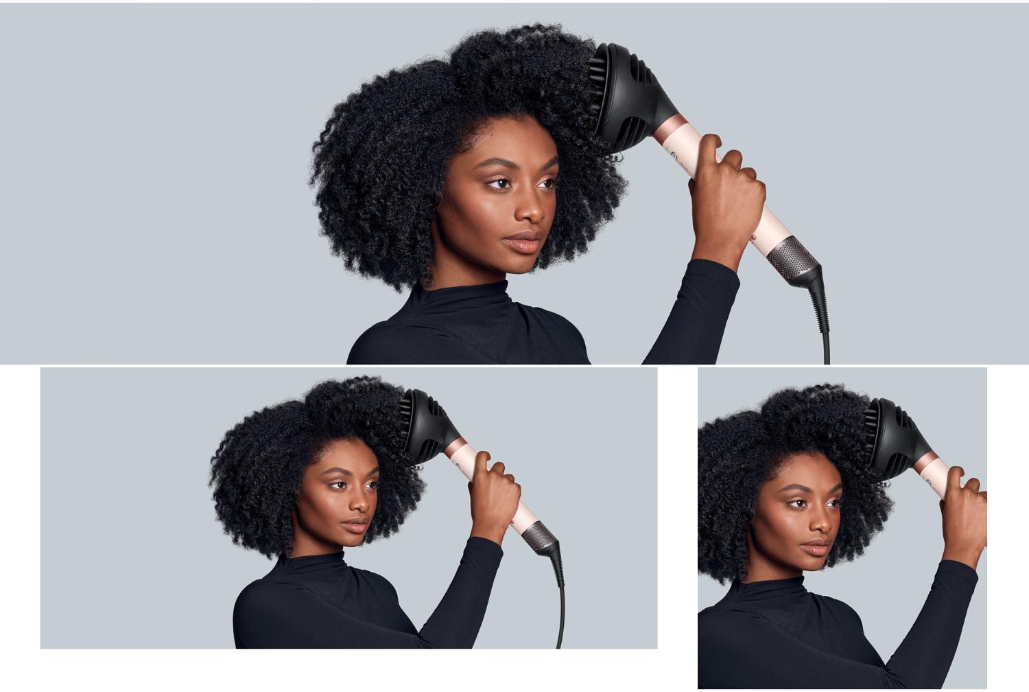 A model diffuses her coily hair using the Dyson Airwrap Co-anda2x multi-styler and dryer and the Wave+Curl diffuser 2x.