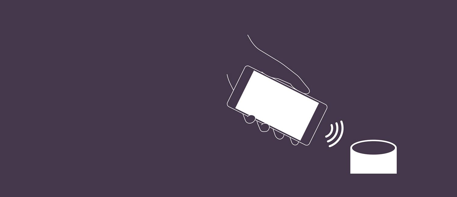 A smartphone taps the top of a Dyson Chitosan pump-bottle, with illustrated lines indicating connectivity.