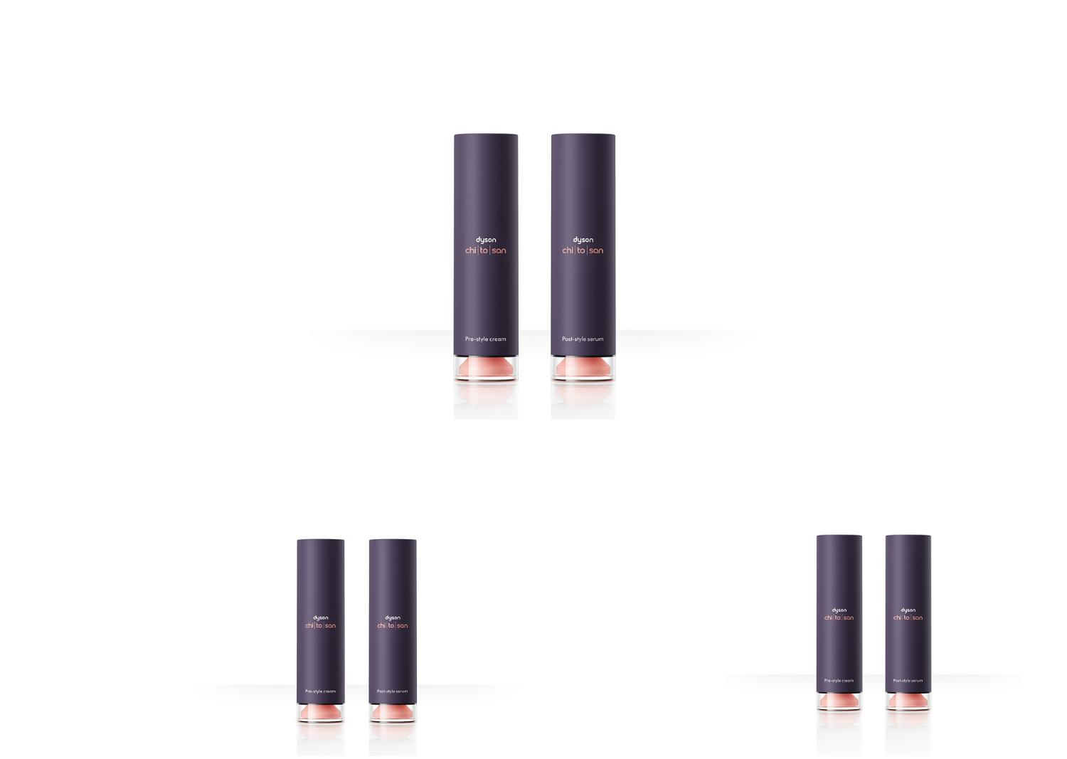 Dyson Chitosan Pre-style cream and Post-style serum, side by side.