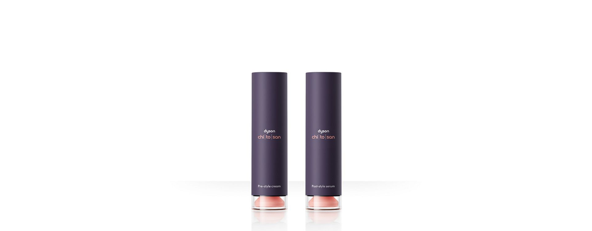 Dyson Chitosan Pre-style-krem og Post-style-serum side om side.