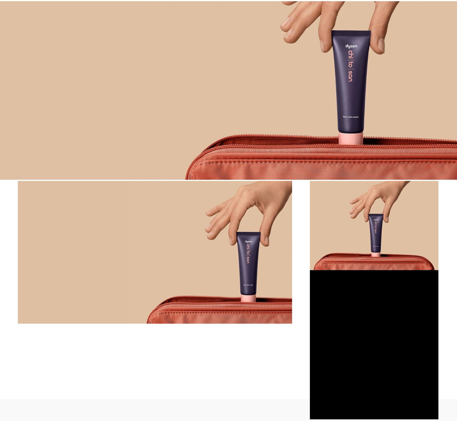 Die Dyson Chitosan Pre-Style Cream in der Größe 30 ml wird in eine Reisetasche gepackt.
