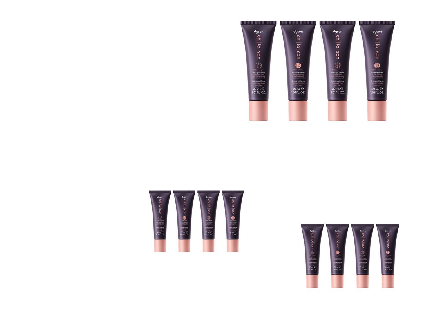 The Dyson Chitosan Pre-style cream range in 30ml. The Dyson Chitosan Pre-style cream range in 30ml.