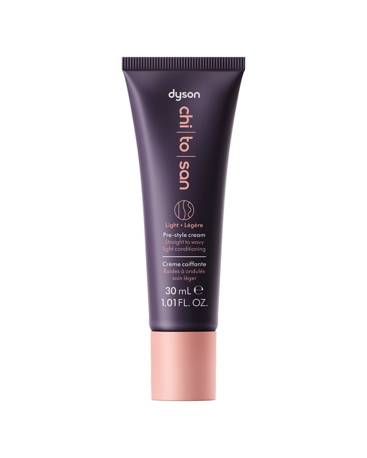 Dyson Chitosan Pre-style cream Straight to Wavy light conditioning in 30ml sizing.
