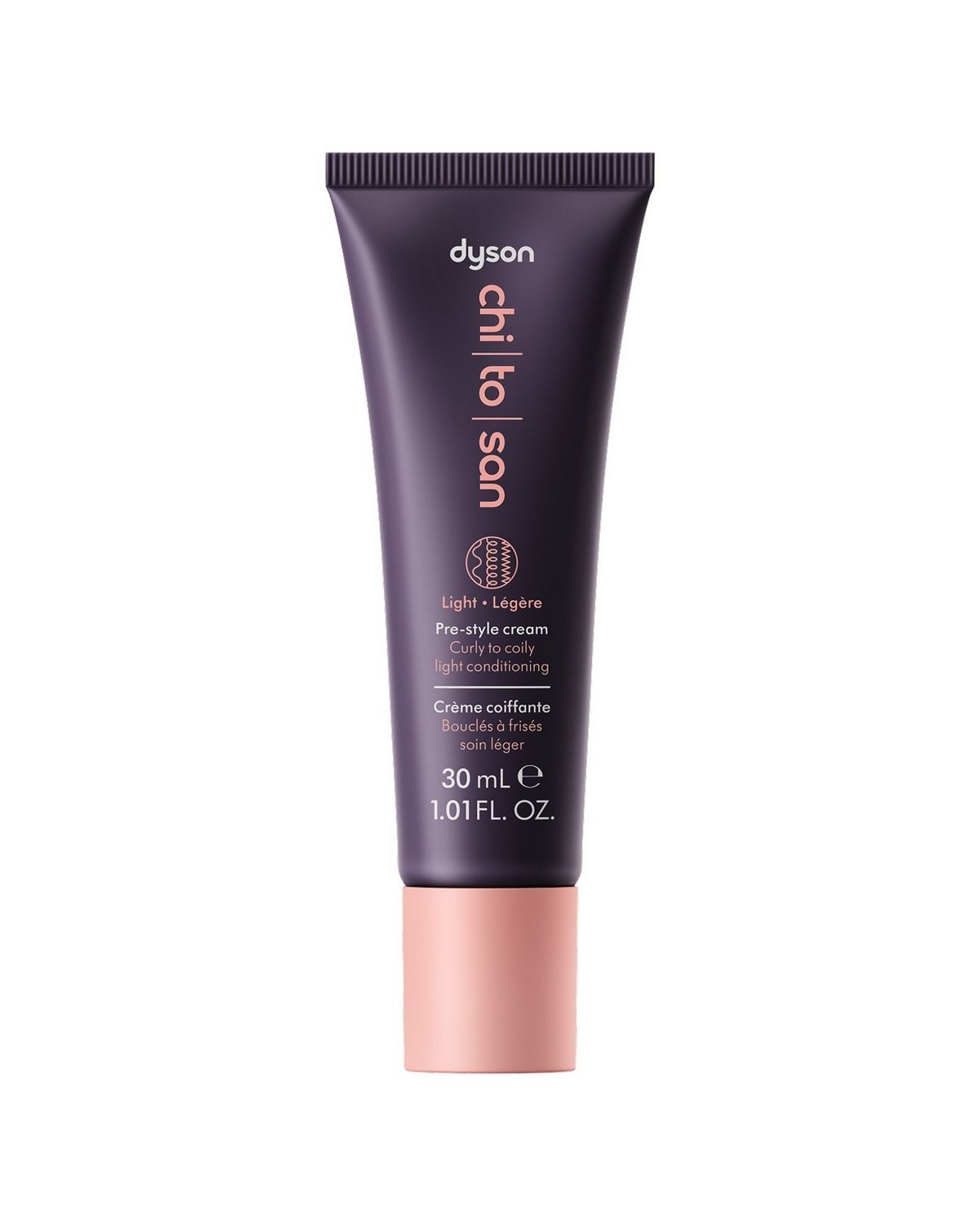 Dyson Chitosan Pre-style cream Curly to coily light conditioning in 30ml sizing.
