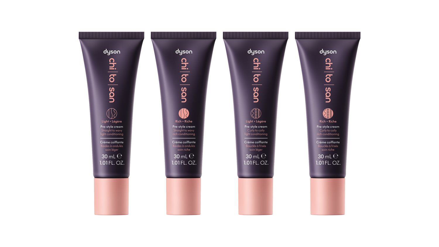 The four formula variants of Dyson Chitosan Pre-style cream in 30ml sizing.