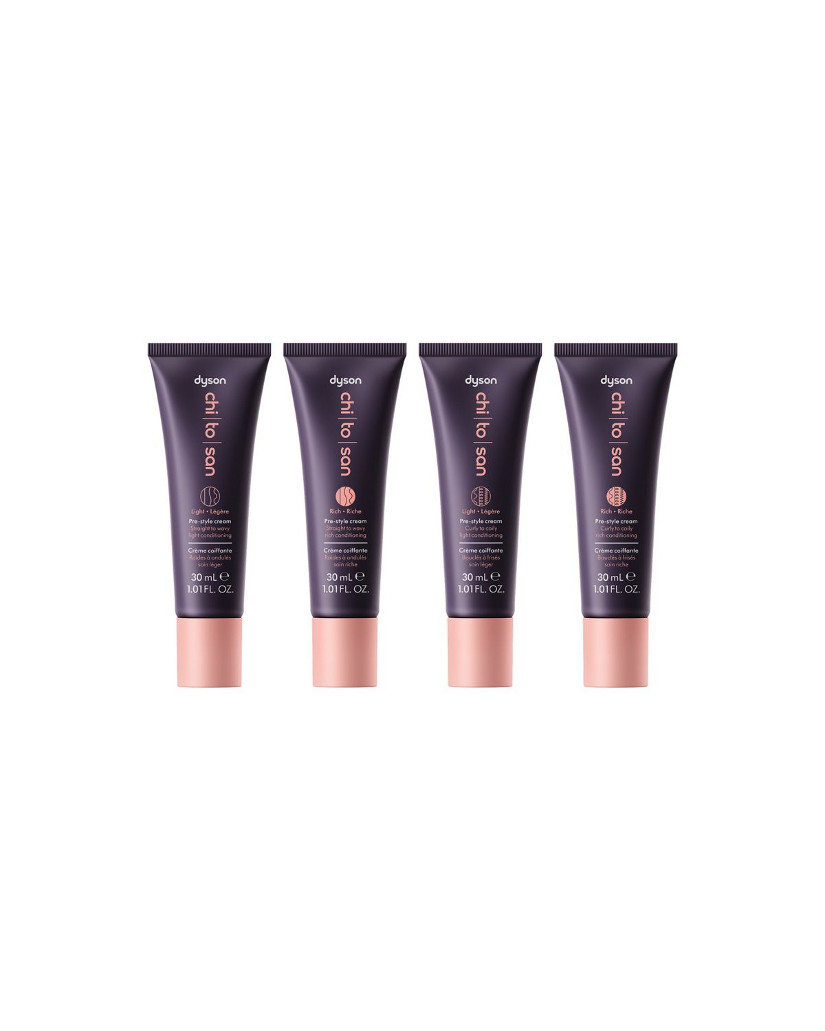 The four formula variants of Dyson Chitosan Pre-style cream in 30ml sizing.