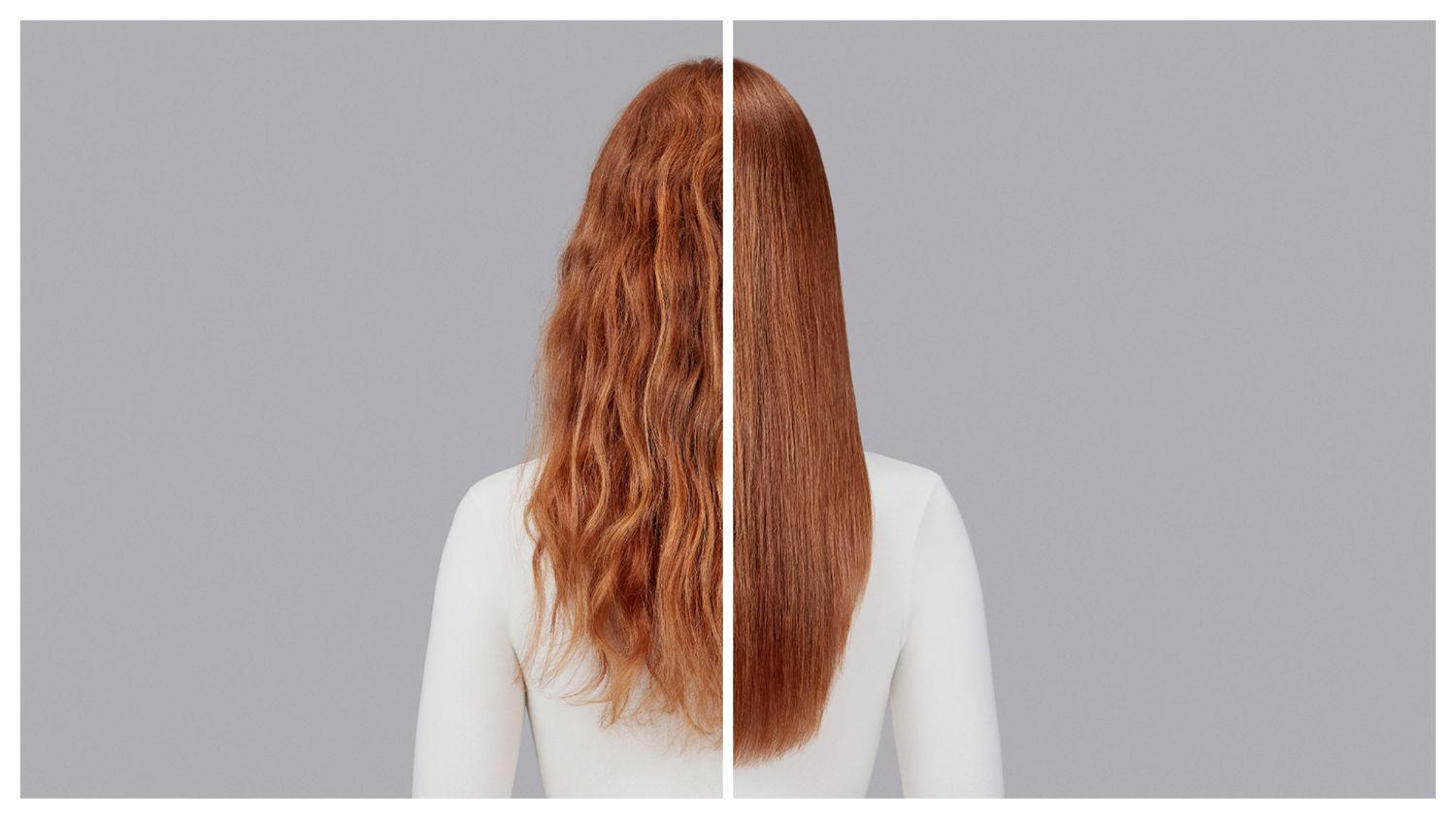 Naturally wavy auburn hair straightened with Dyson Chitosan Pre-style cream and the Dyson Supersonic Nural. Seen from behind.