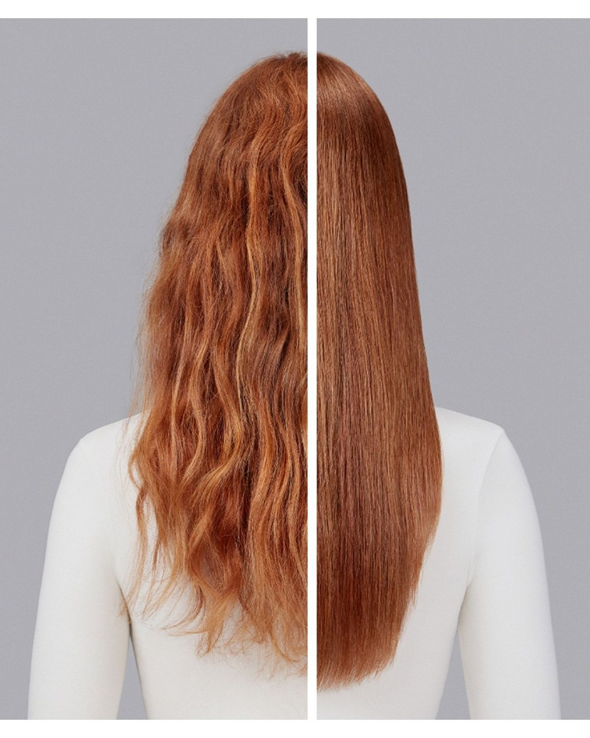 Naturally wavy auburn hair straightened with Dyson Chitosan Pre-style cream and the Dyson Supersonic Nural. Seen from behind.