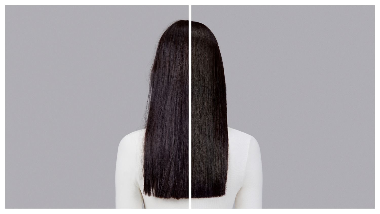 Naturally straight dark hair styled with Dyson Chitosan Pre-style cream and the Dyson Airstrait. Seen from behind.