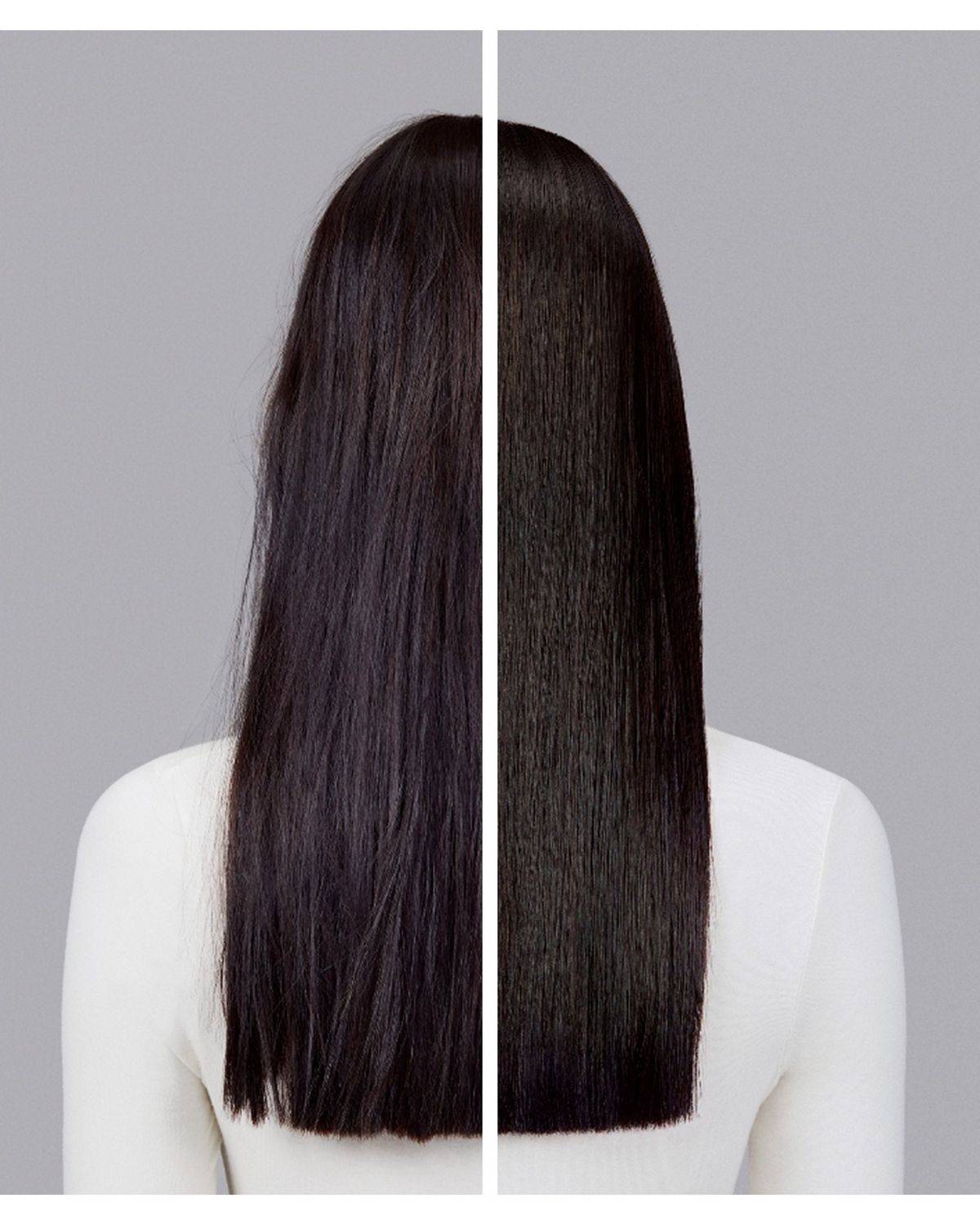 Naturally straight dark hair styled with Dyson Chitosan Pre-style cream and the Dyson Airstrait. Seen from behind.