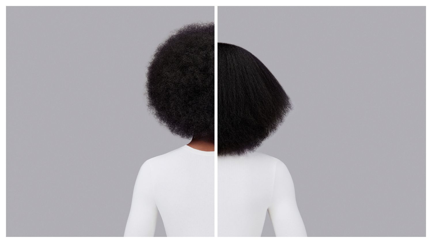 Naturally coily dark brown hair styled with Dyson Chitosan Pre-style cream and the Dyson Supersonic r. Seen from behind.