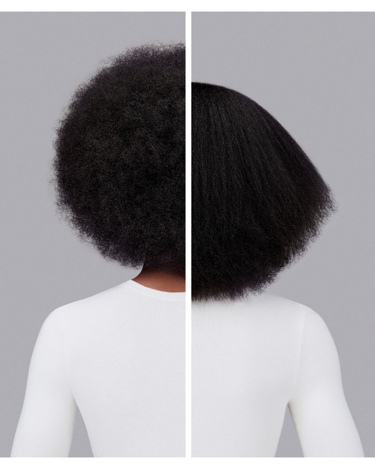 Naturally coily dark brown hair styled with Dyson Chitosan Pre-style cream and the Dyson Supersonic r. Seen from behind.