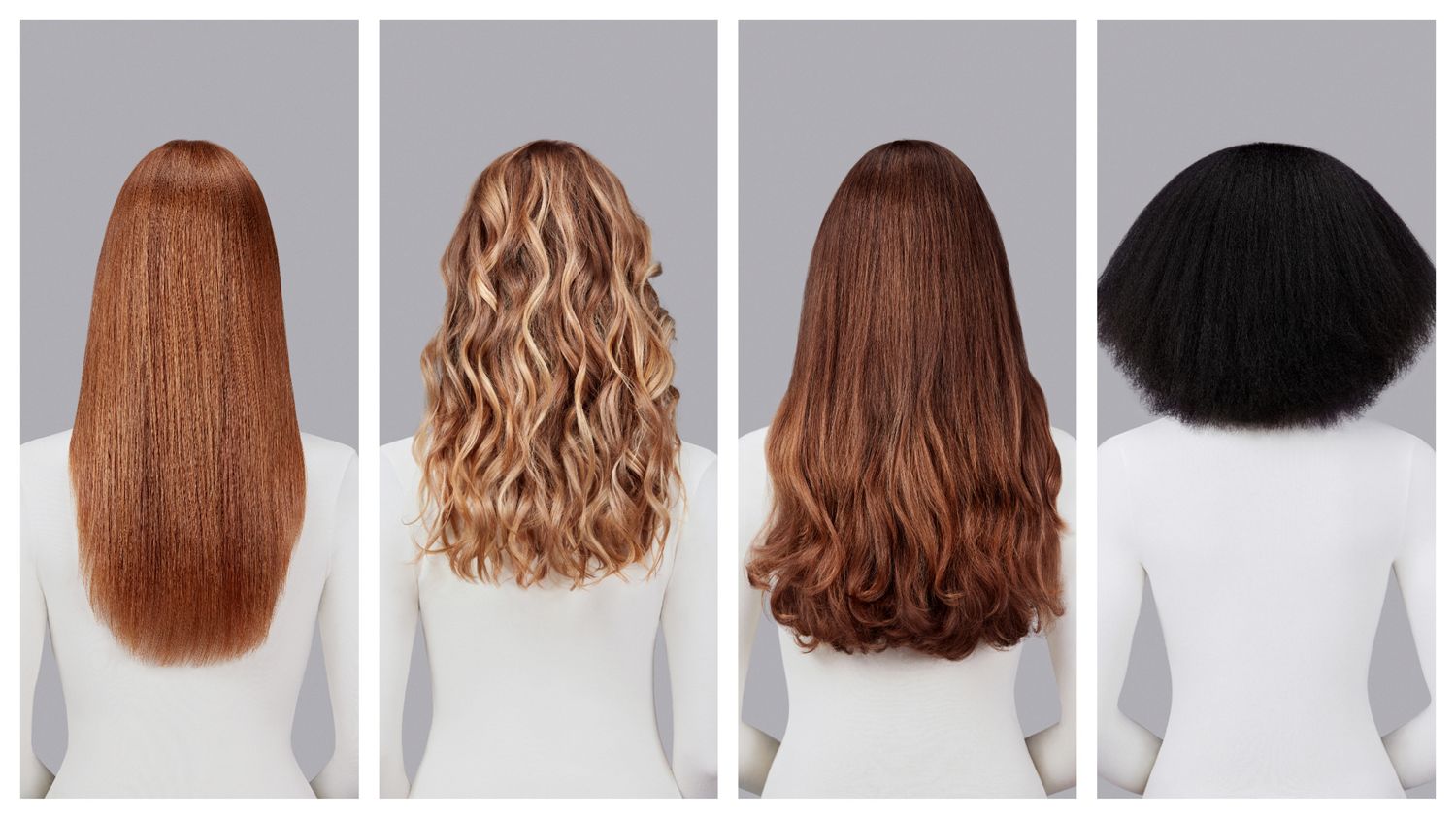 A selection of different hair types styled with Dyson Chitosan Pre-style cream.