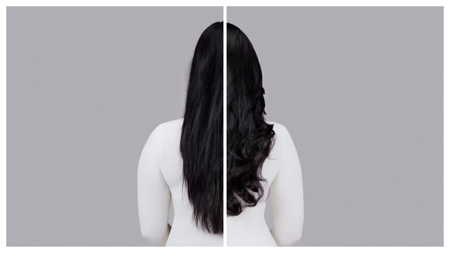 Naturally straight dark hair styled into waves with Dyson Chitosan Pre-style cream and the Dyson Airwrap. Seen from behind.