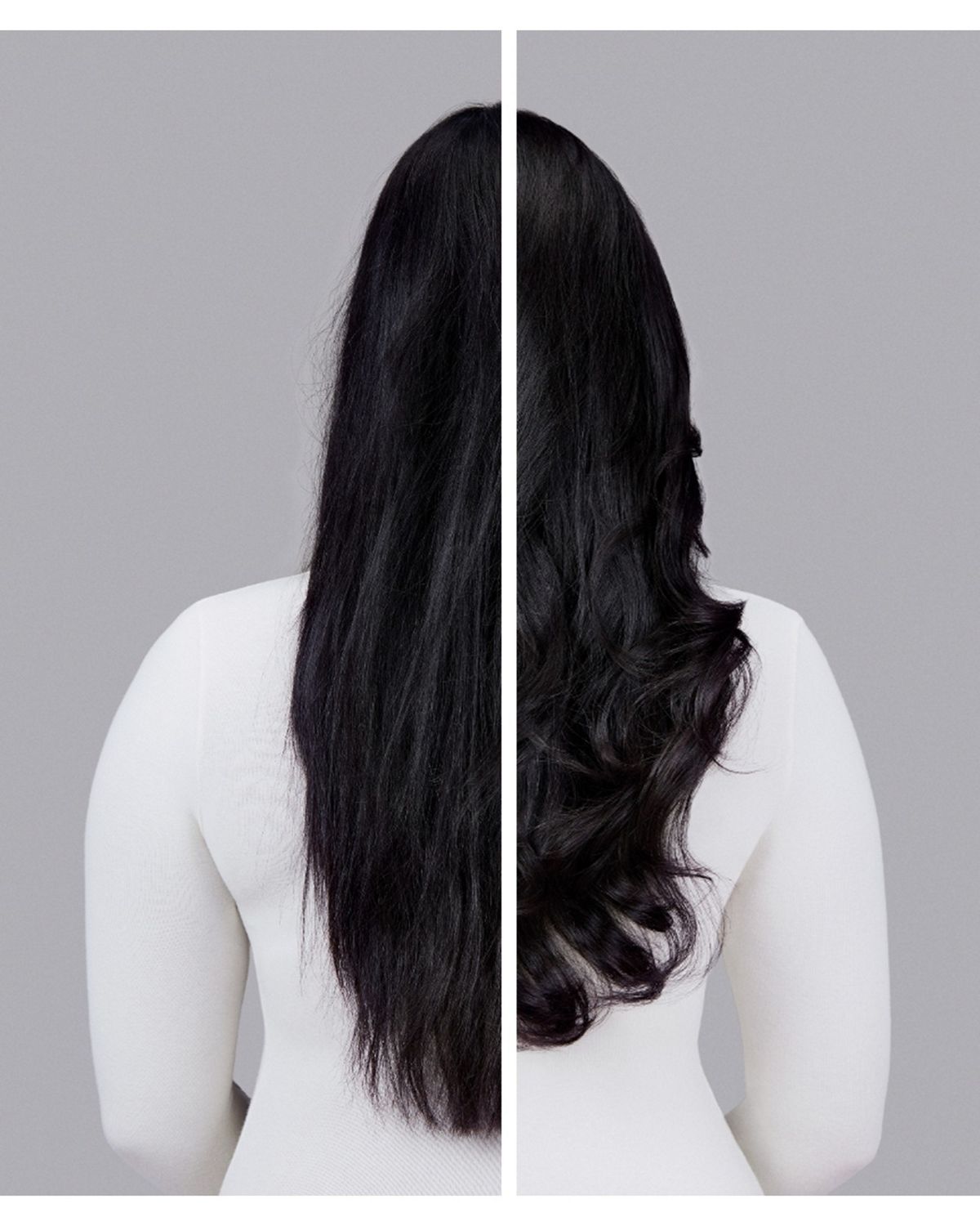 Naturally straight dark hair styled into waves with Dyson Chitosan Pre-style cream and the Dyson Airwrap. Seen from behind.