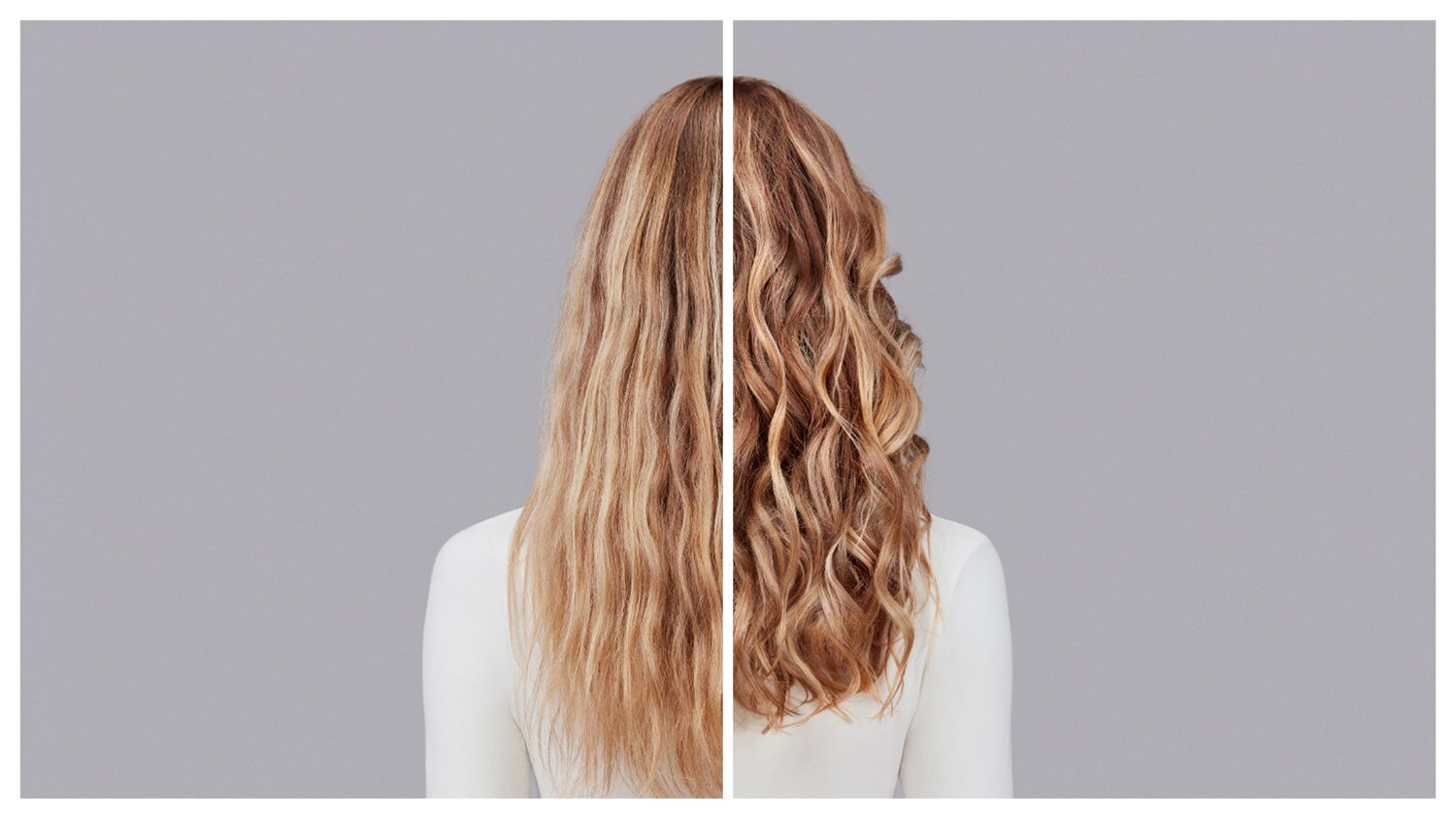 Naturally wavy blonde hair styled with Dyson Chitosan Pre-style cream and the Dyson Airwrap. Seen from behind.