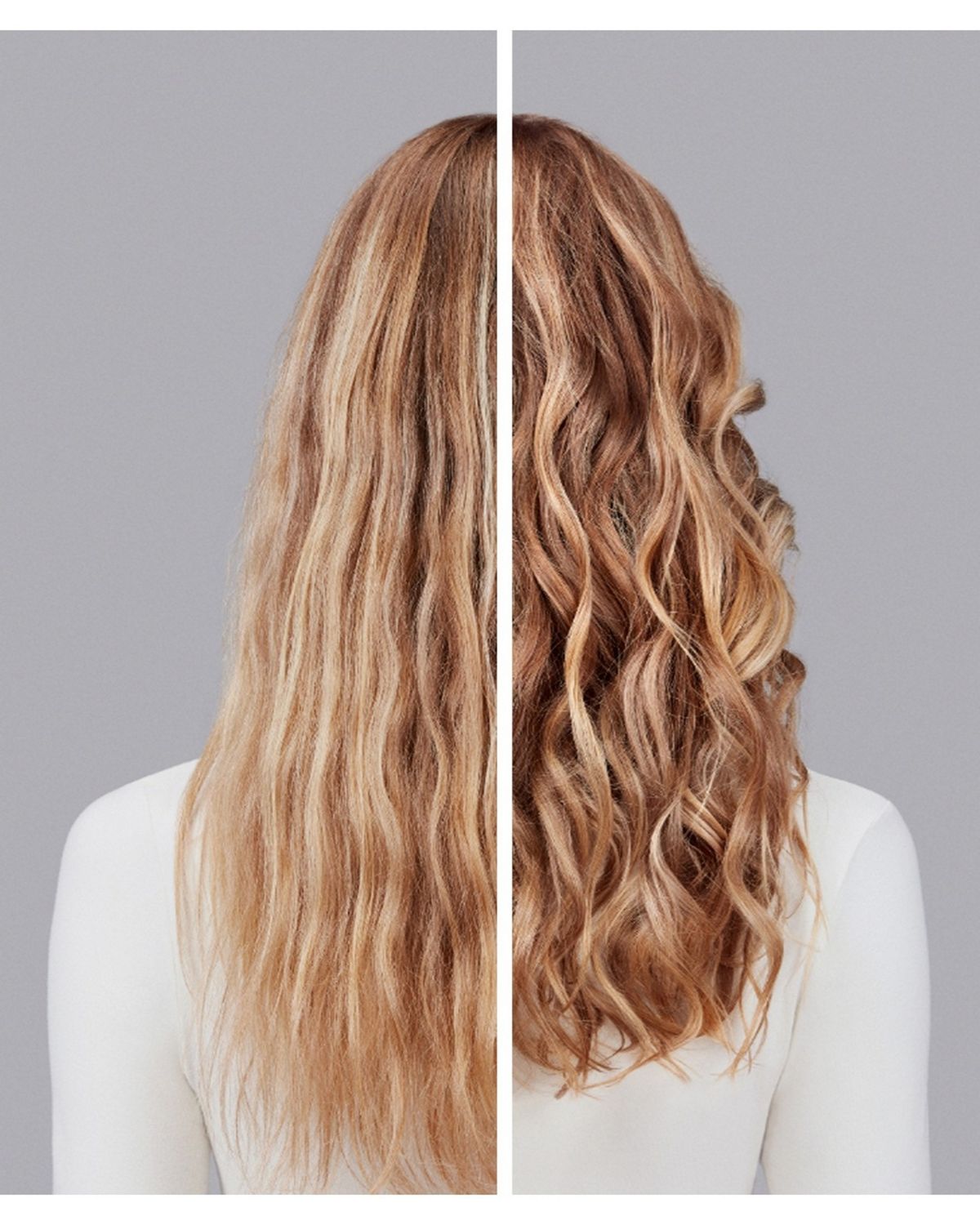 Naturally wavy blonde hair styled with Dyson Chitosan Pre-style cream and the Dyson Airwrap. Seen from behind.