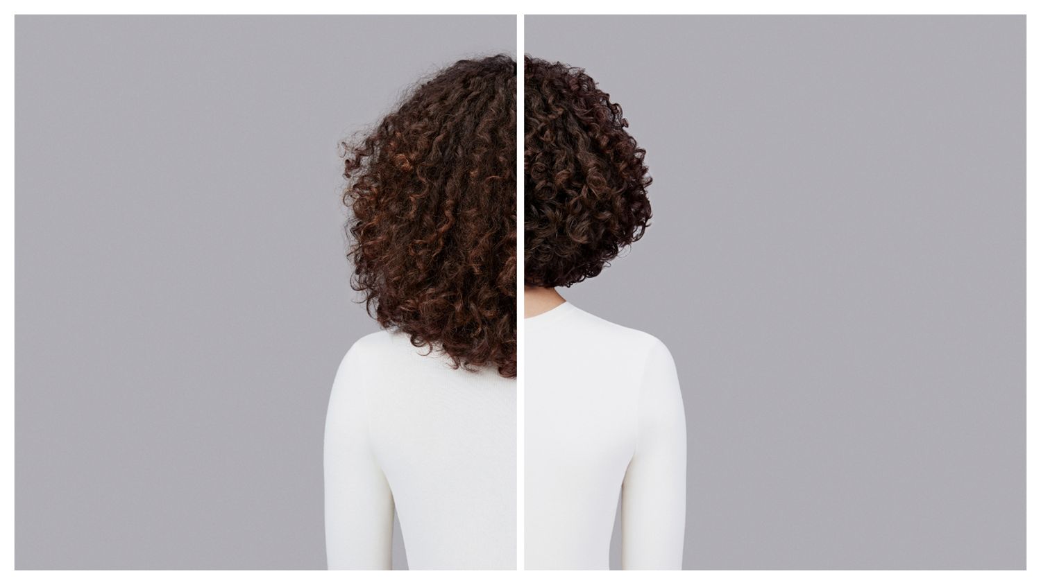 Naturally curly dark brown hair styled with Dyson Chitosan Pre-style cream and the Dyson Supersonic r. Seen from behind.