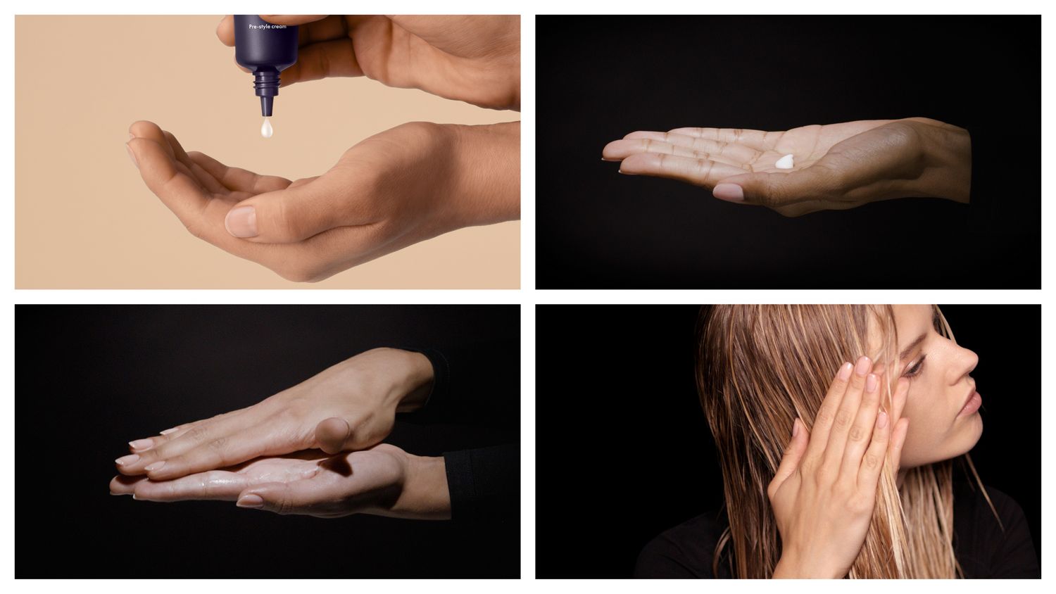 Steps to apply Dyson Chitosan Pre-style cream: Squeeze into and sheer between palms before applying to the hair.