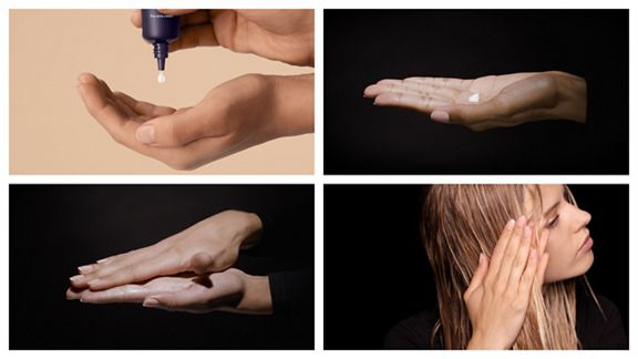Steps to apply Dyson Chitosan Pre-style cream: Squeeze into and sheer between palms before applying to the hair.