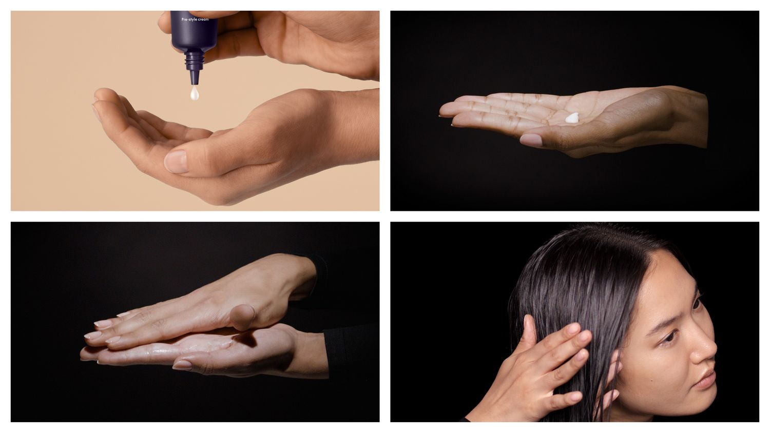 Steps to apply Dyson Chitosan Pre-style cream: Squeeze into and sheer between palms before applying to the hair.