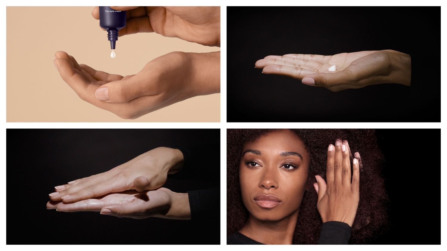 Steps to apply Dyson Chitosan Pre-style cream: Squeeze into and sheer between palms before applying to the hair.