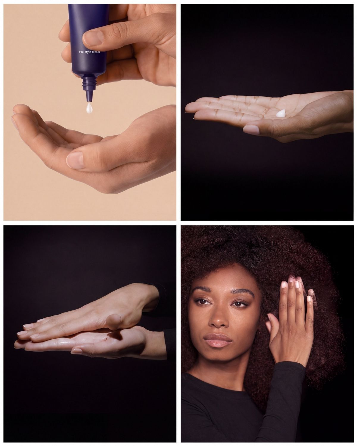 Steps to apply Dyson Chitosan Pre-style cream: Squeeze into and sheer between palms before applying to the hair.