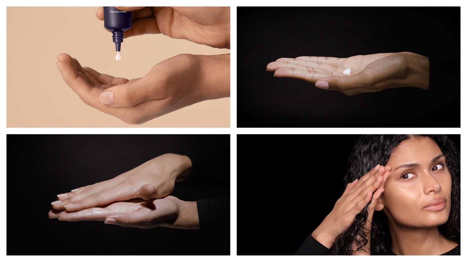 Steps to apply Dyson Chitosan Pre-style cream: Squeeze into and sheer between palms before applying to the hair.