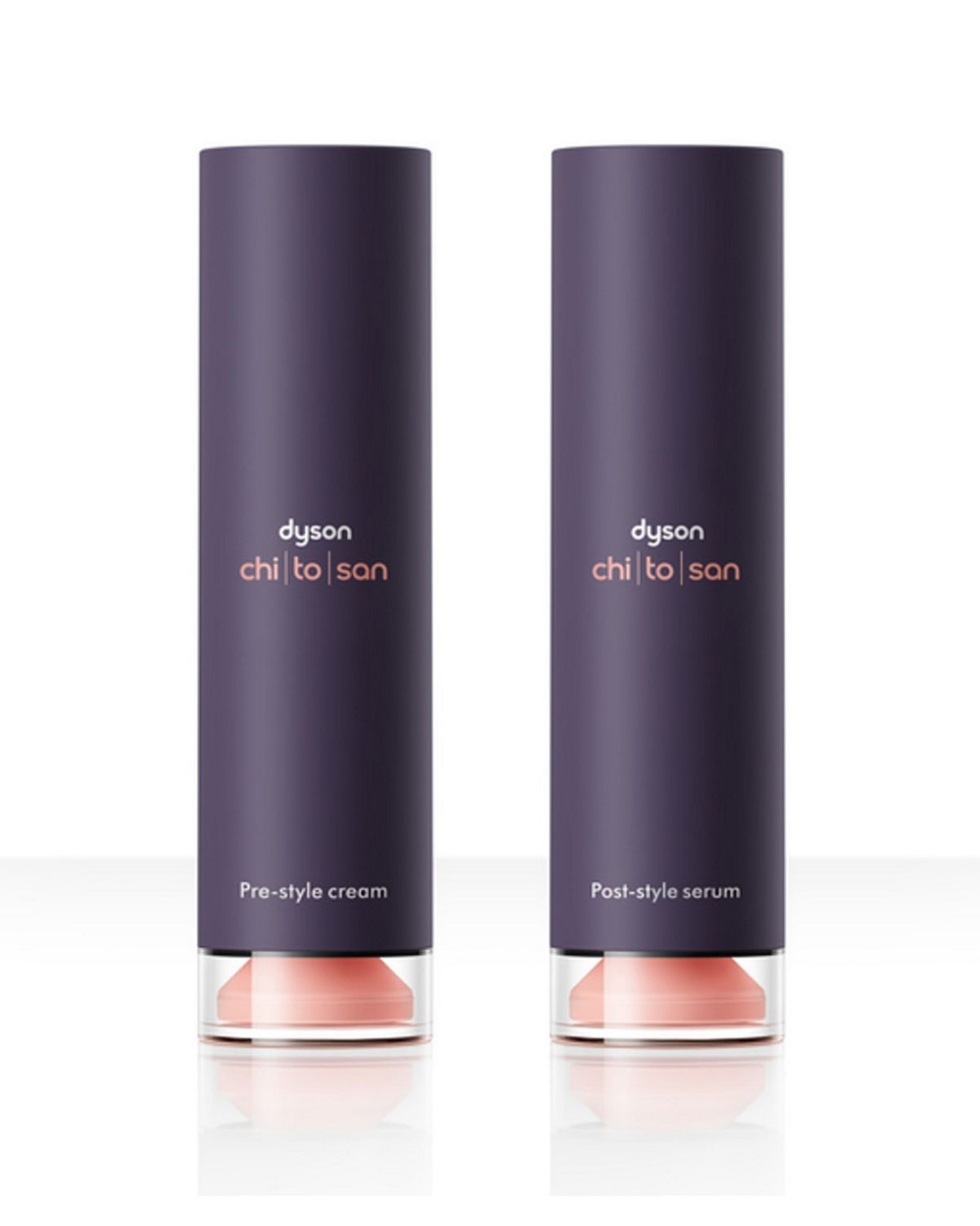 Dyson Chitosan Pre-style cream and Post-style serum in 100ml sizing.