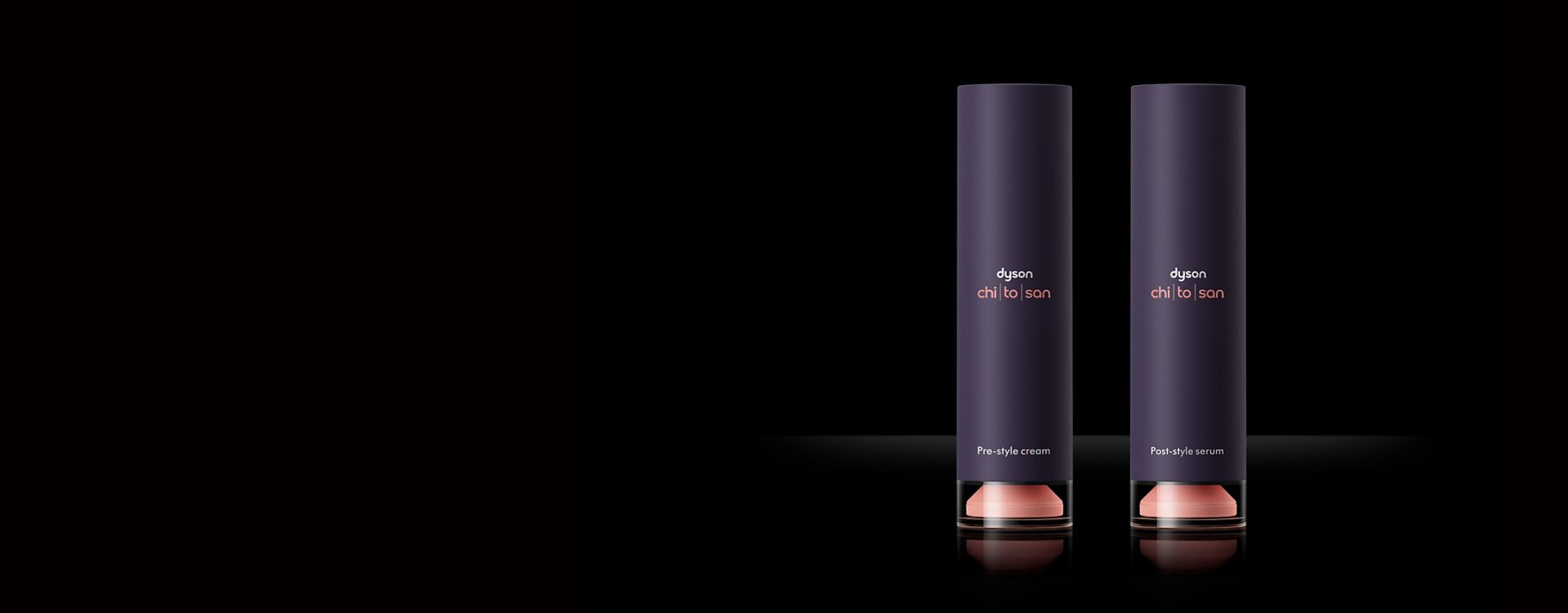 Dyson Chitosan Pre-style cream and Post-style serum bottles.