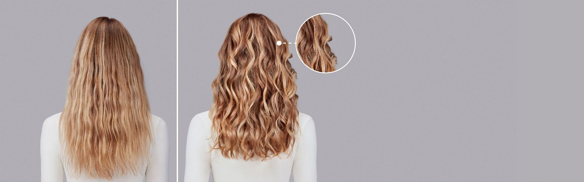 Dyson Chitosan Pre-style cream before and after results on wavy blonde hair.