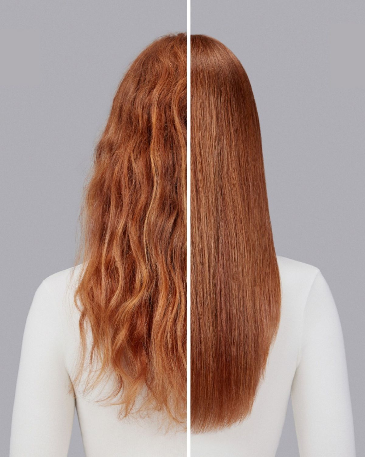 A model with red hair before and after styling their hair with Dyson Chitosan Pre-style cream.