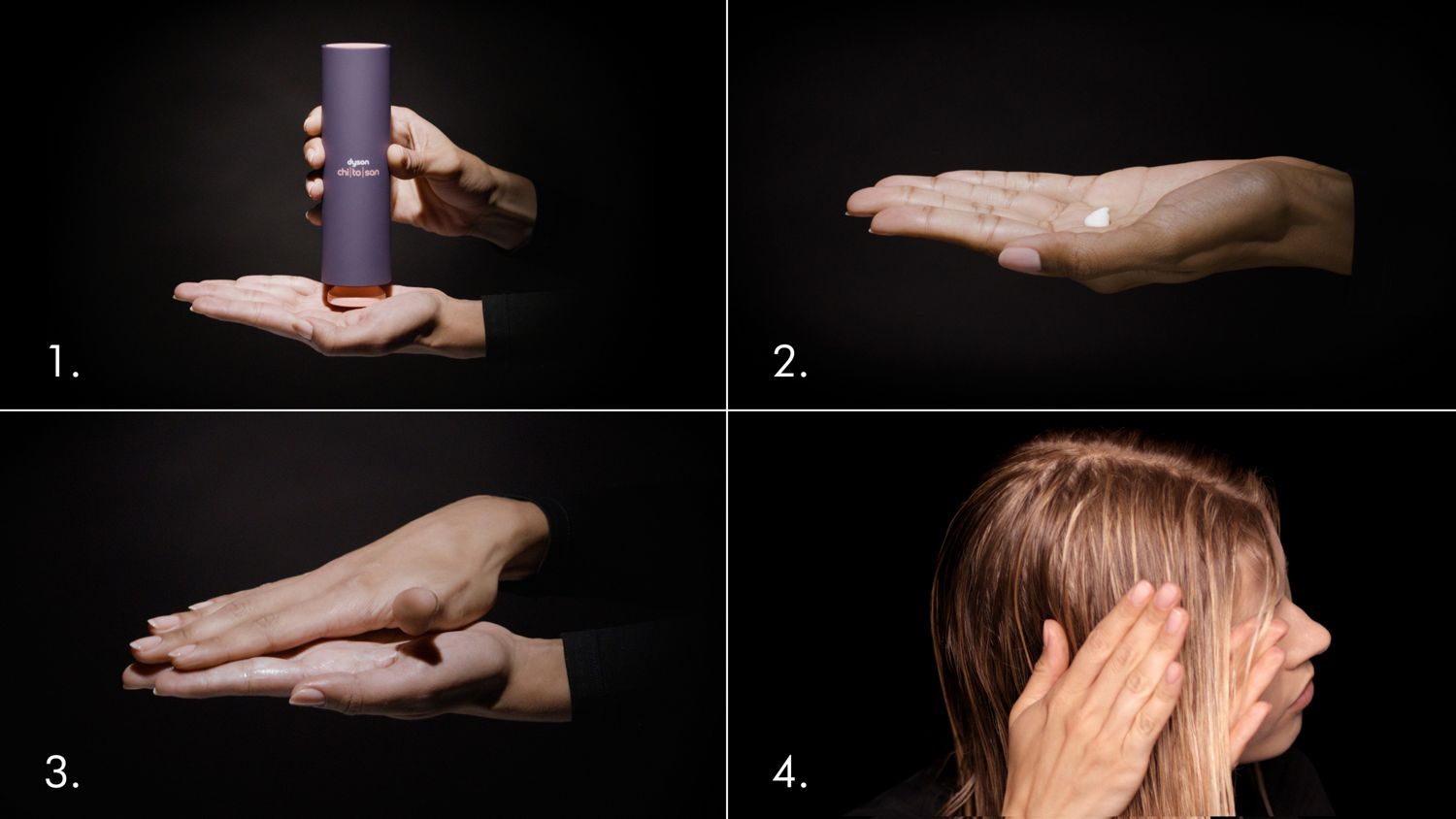 Steps to apply Dyson Chitosan Pre-style cream: Start with 1-2 pumps and sheer between palms before applying to the mid-lenghts and ends of the hair.