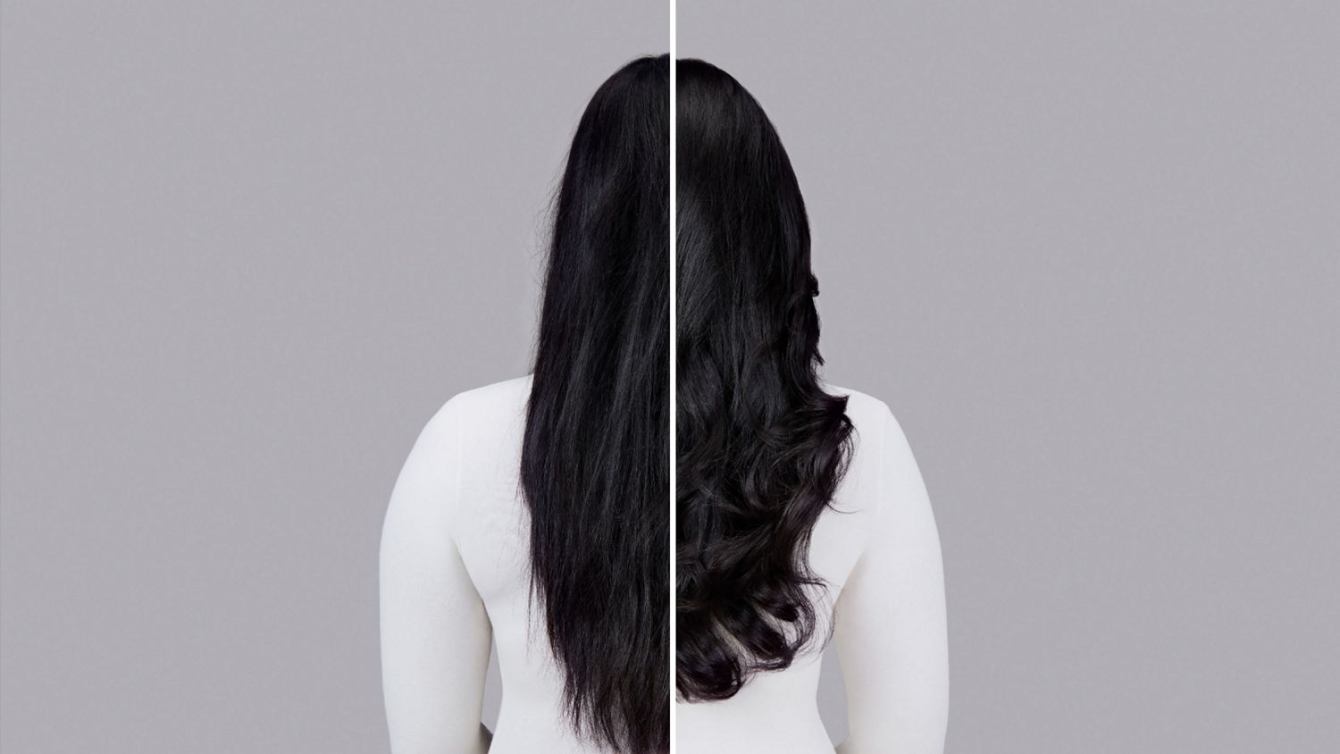 A model with black hair before and after styling their hair with Dyson Chitosan Pre-style cream.