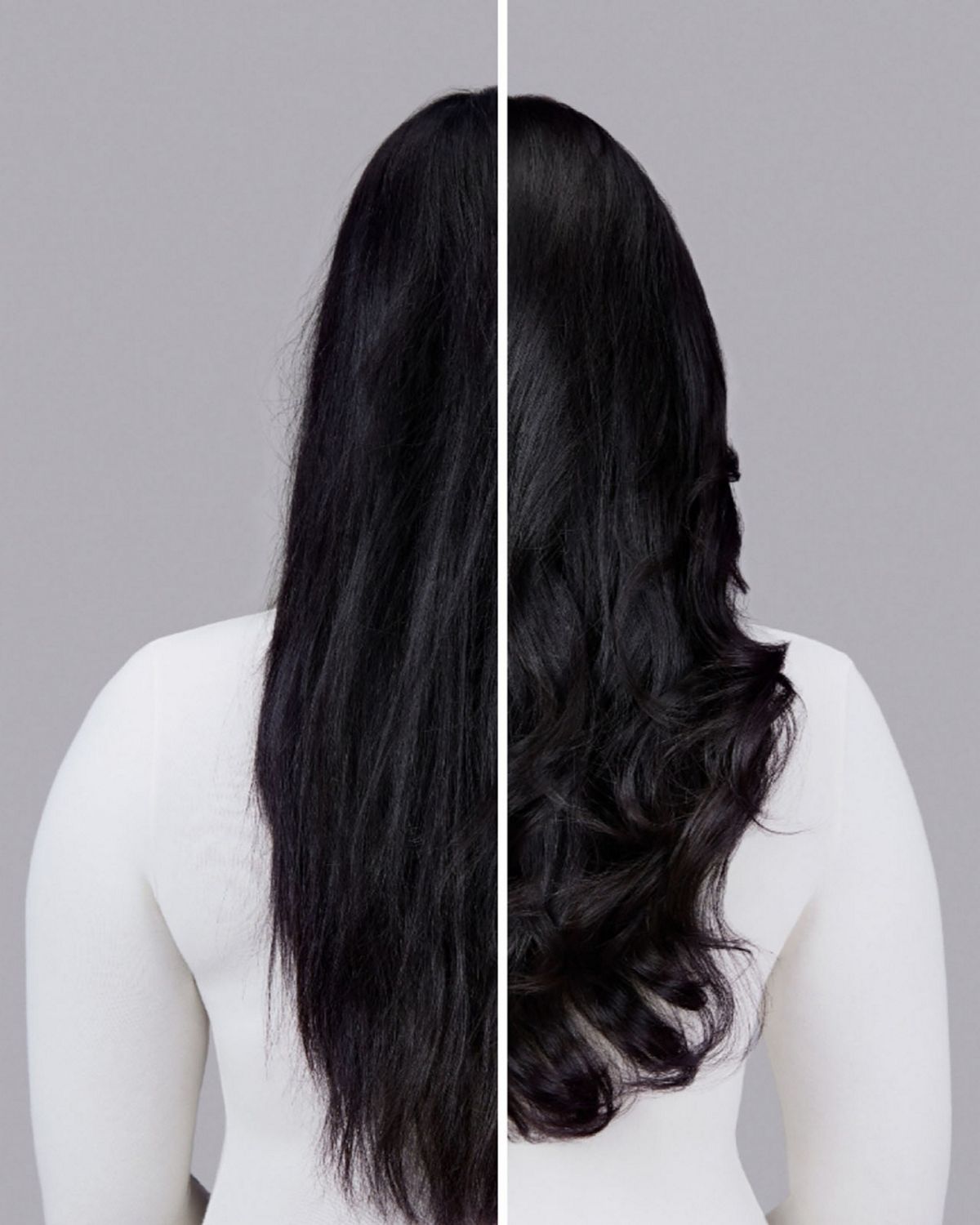 A model with black hair before and after styling their hair with Dyson Chitosan Pre-style cream.