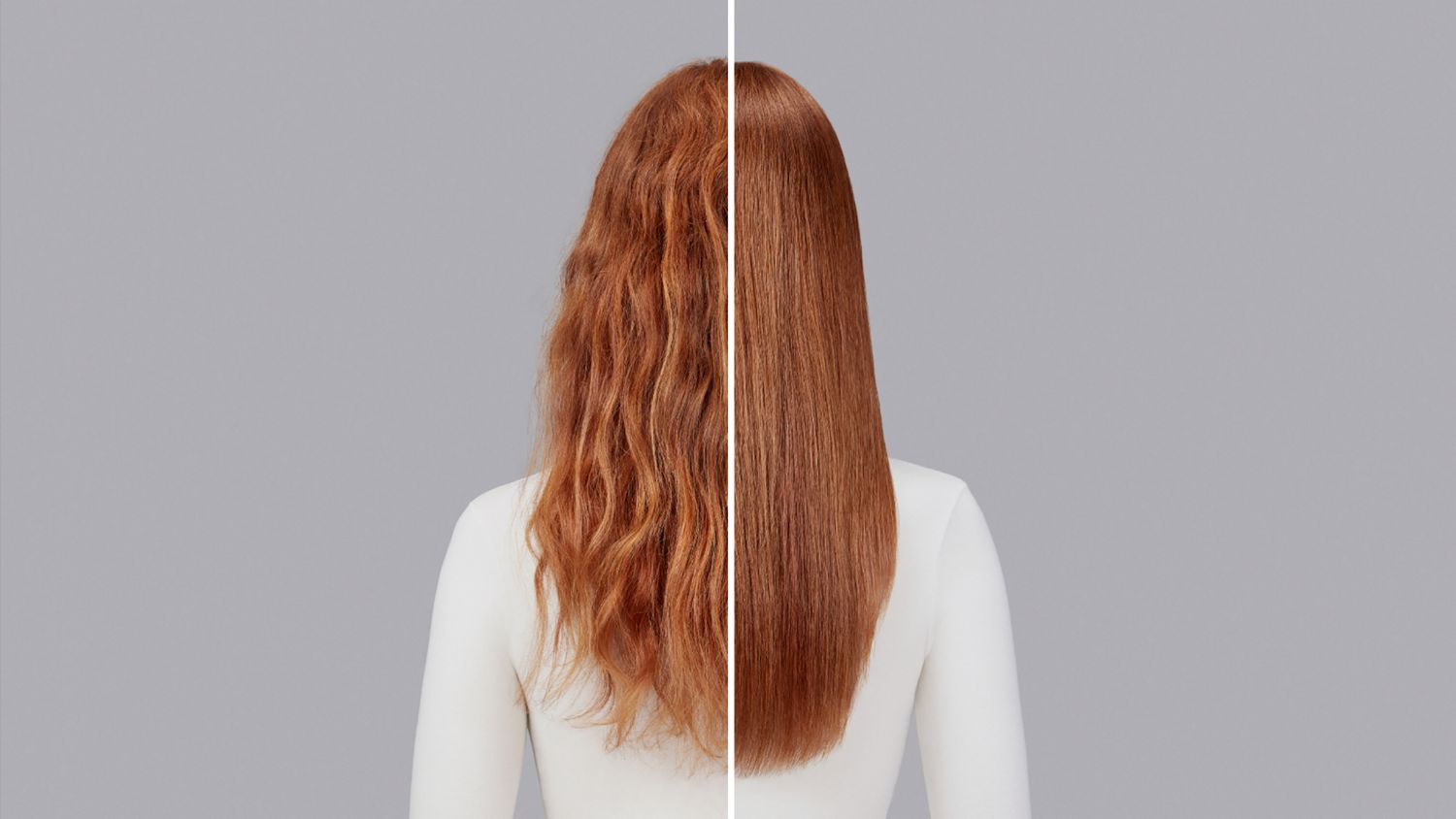 A model with red hair before and after styling their hair with Dyson Chitosan Pre-style cream.