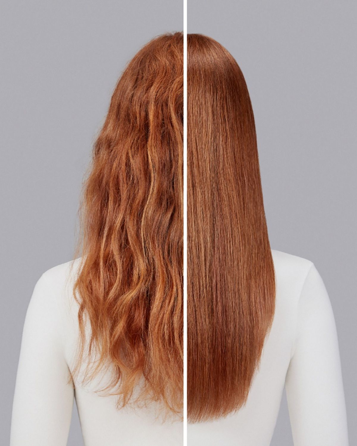 A model with red hair before and after styling their hair with Dyson Chitosan Pre-style cream.