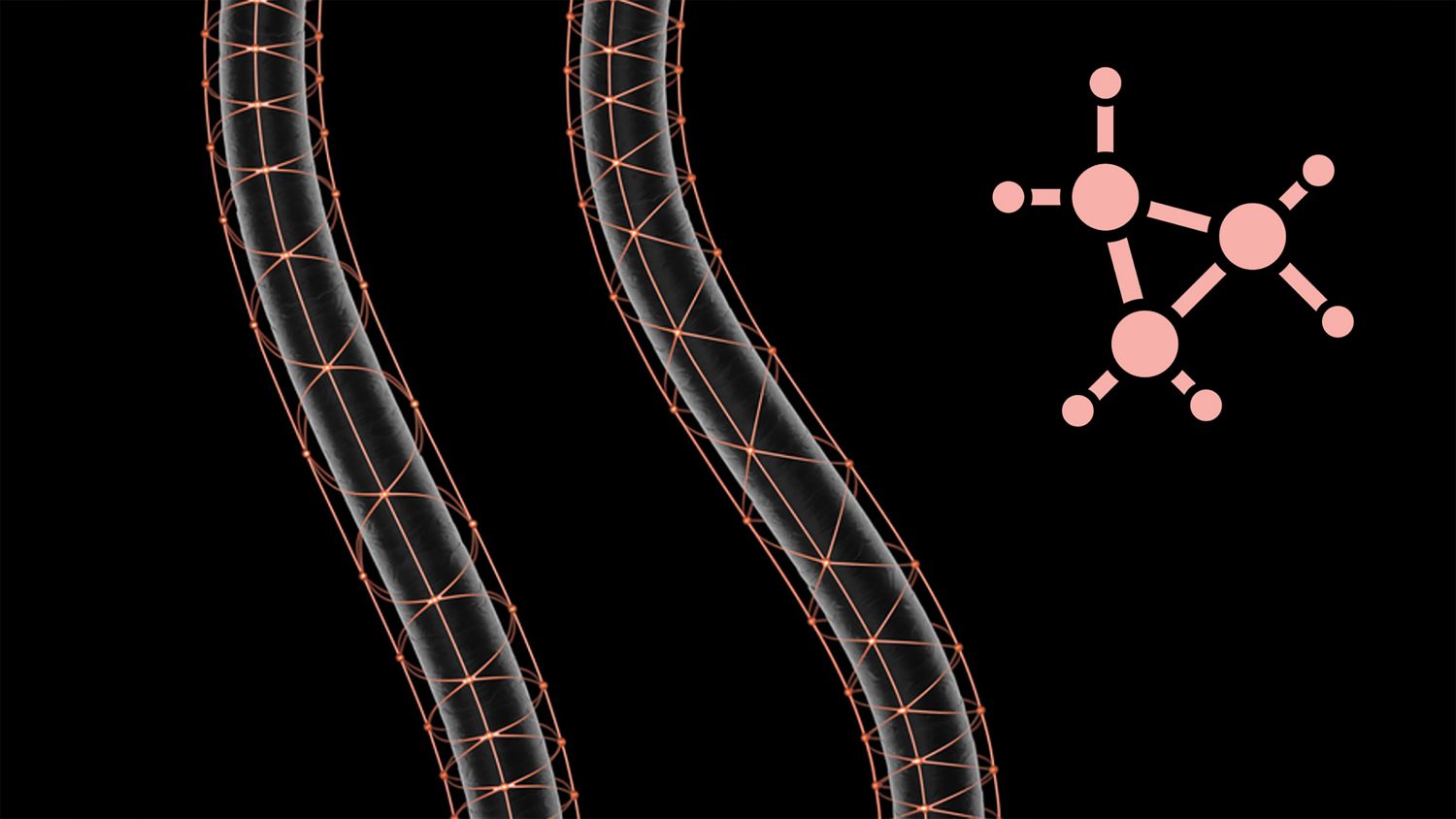 Microscopic close-up of hair strands surrounded by delicate golden web-like structures formed by Dyson Triodetic technology that locks in flexible styles.