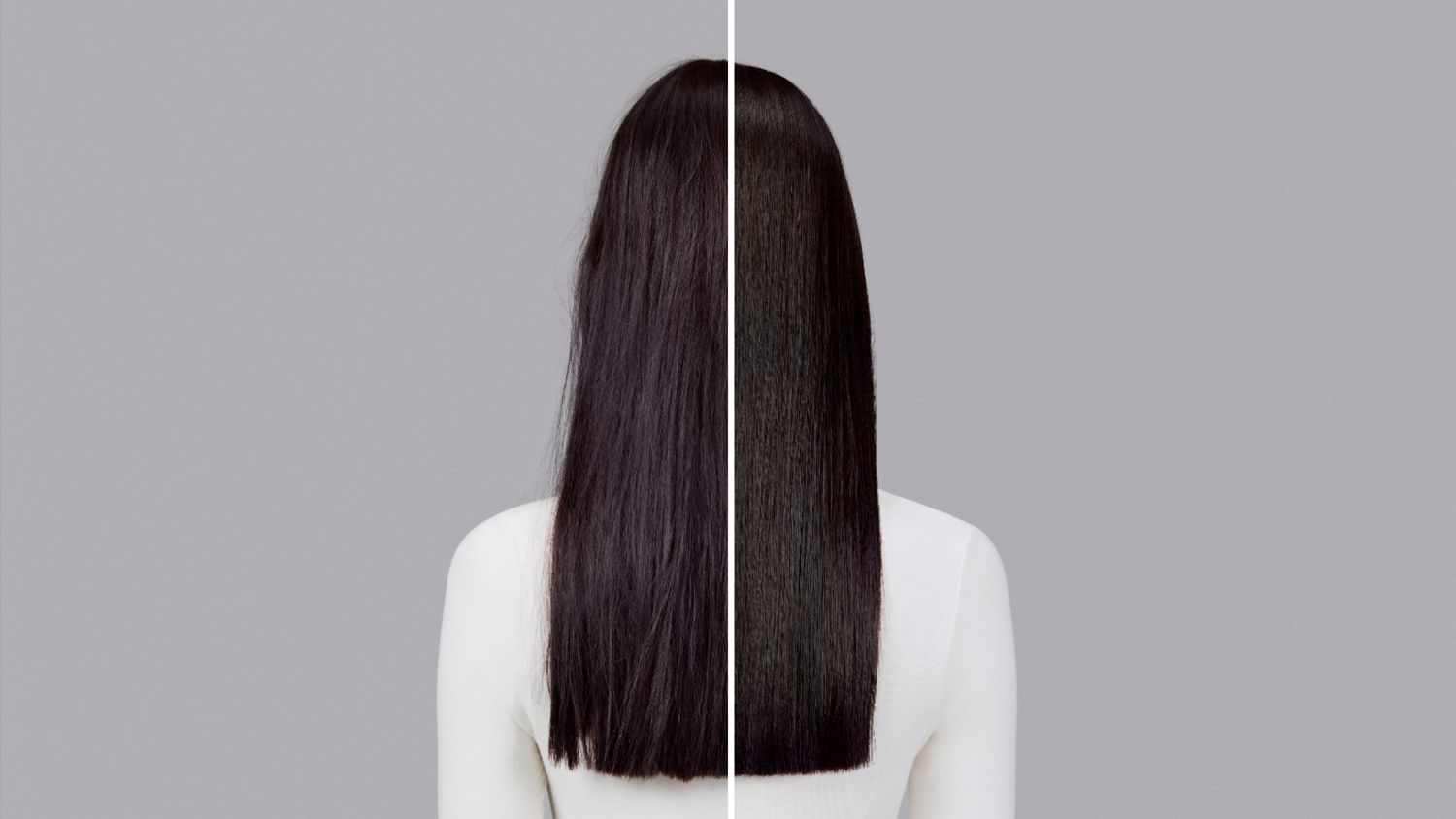 A model with black hair before and after styling their hair with Dyson Chitosan Pre-style cream.