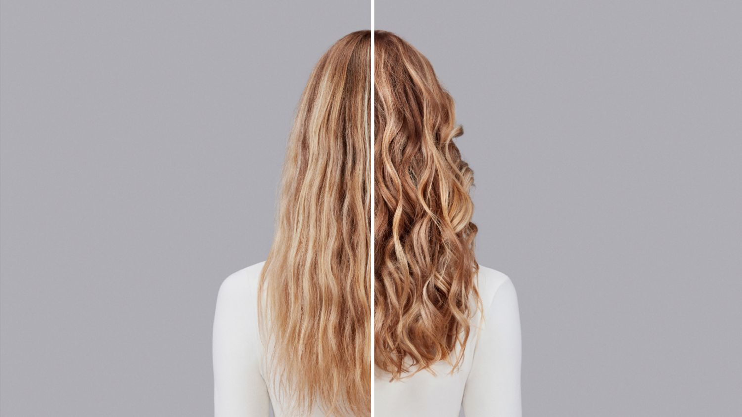 A model with red hair before and after styling their hair with Dyson Chitosan Pre-style cream.