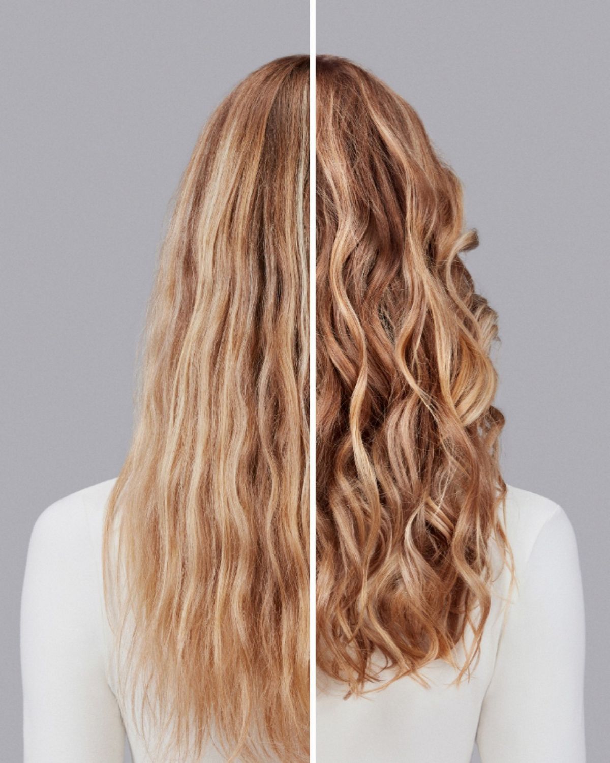 A model with red hair before and after styling their hair with Dyson Chitosan Pre-style cream.