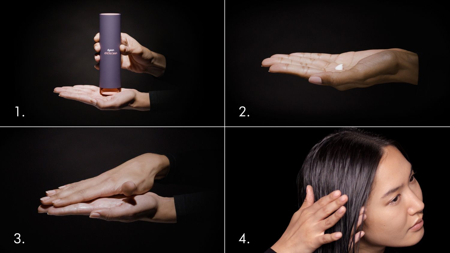 A model smoothing their blonde hair with Dyson Chitosan Pre-style cream.