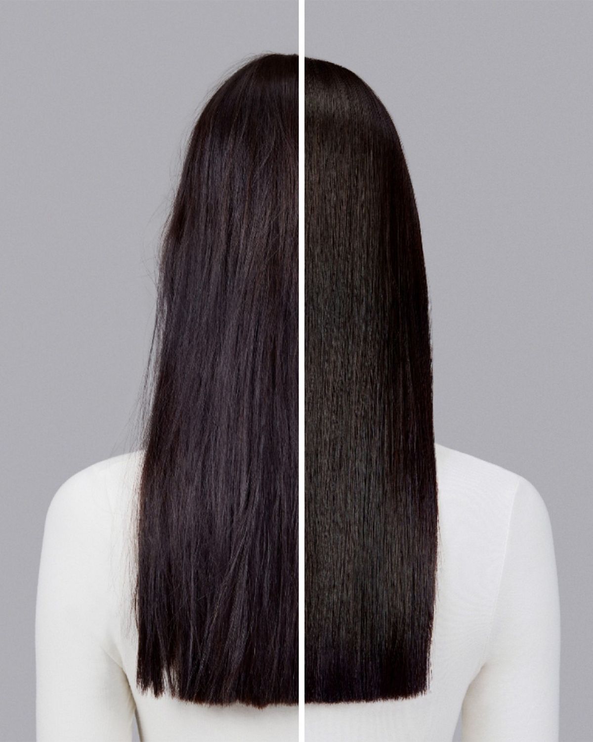 A model with black hair before and after styling their hair with Dyson Chitosan Pre-style cream.