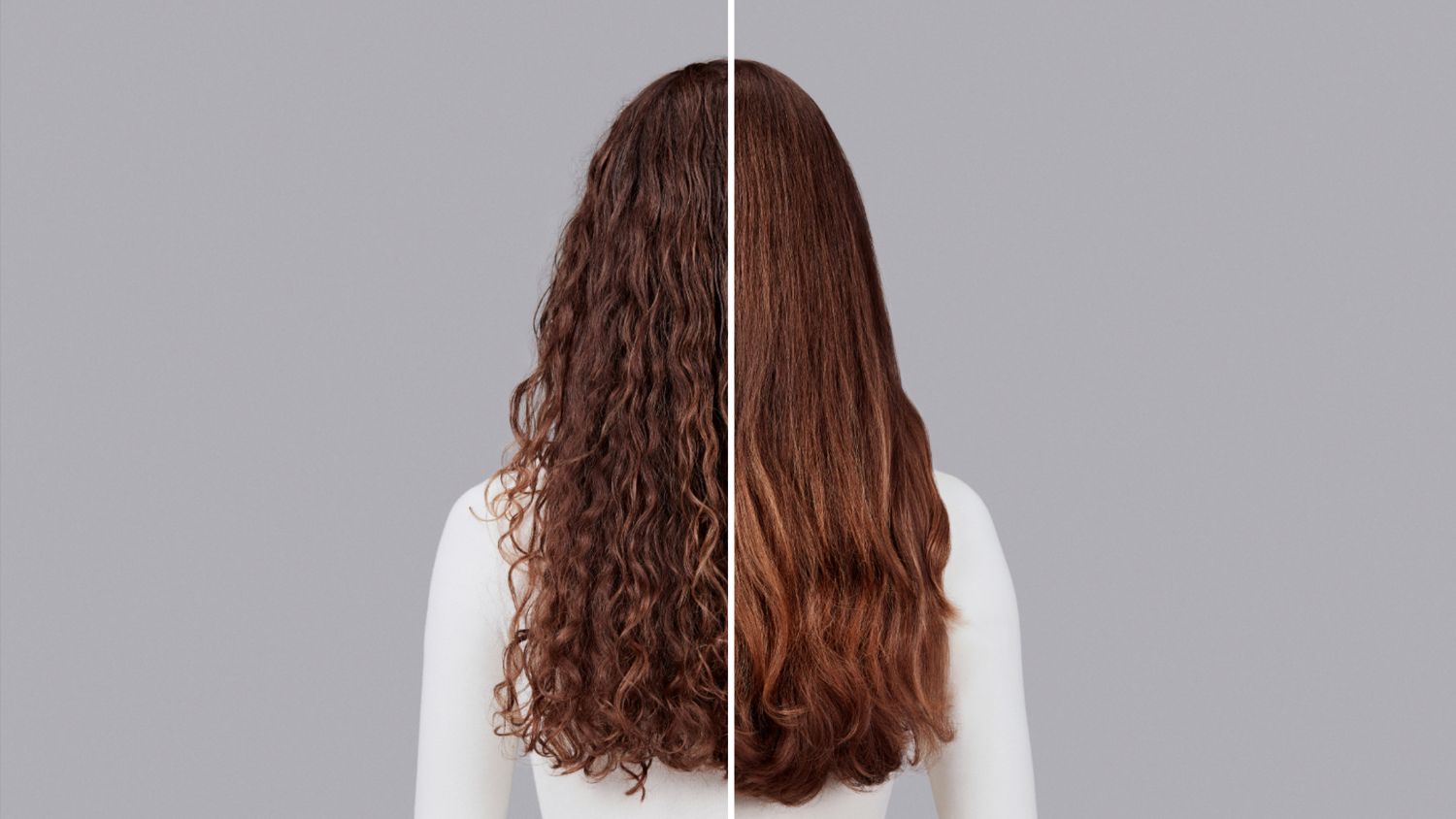 A model with red hair before and after styling their hair with Dyson Chitosan Pre-style cream.