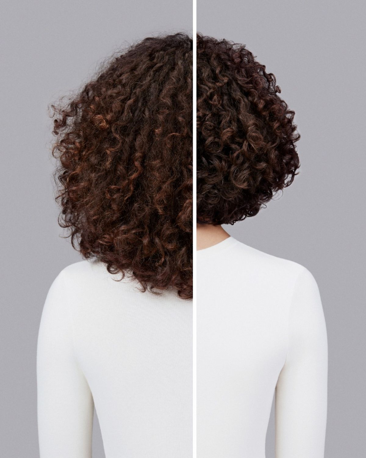 A model with brunette hair before and after styling their hair with Dyson Chitosan Pre-style cream.