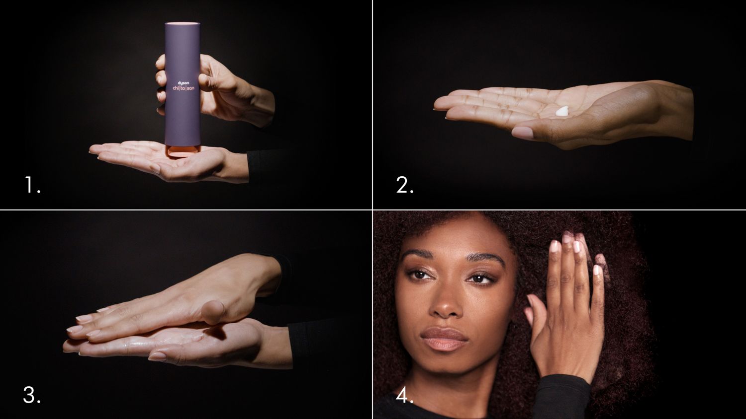 A model smoothing their blonde hair with Dyson Chitosan Pre-style cream.