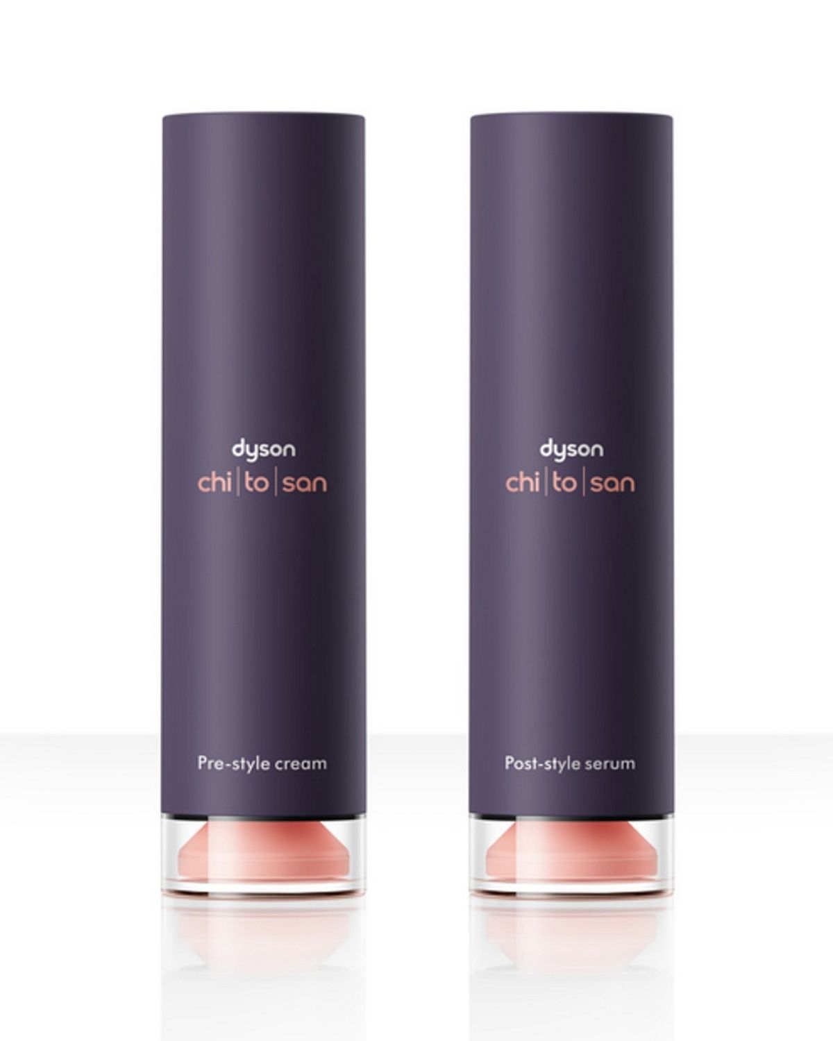Dyson Chitosan Pre-style cream and Post-style serum bottles.