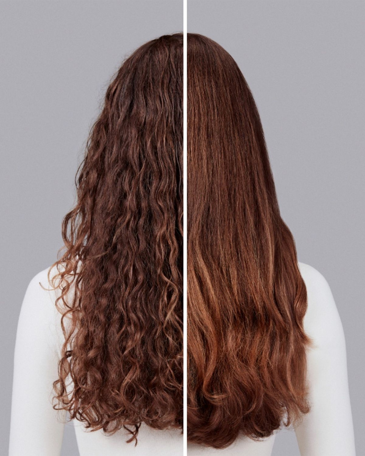 A model with brown hair before and after styling their hair with Dyson Chitosan Pre-style cream.